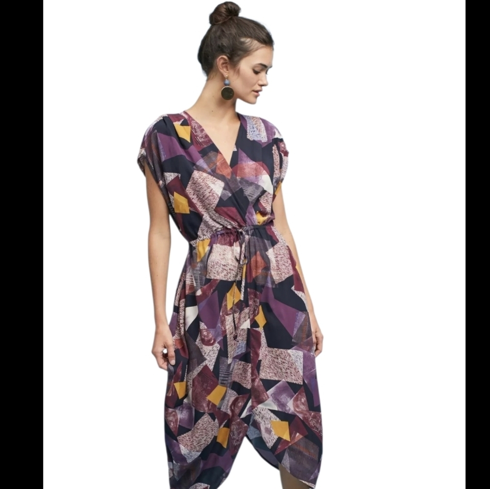 Anthropologie The Odells Geo Tie Front Maxi Dress XS Split Placket